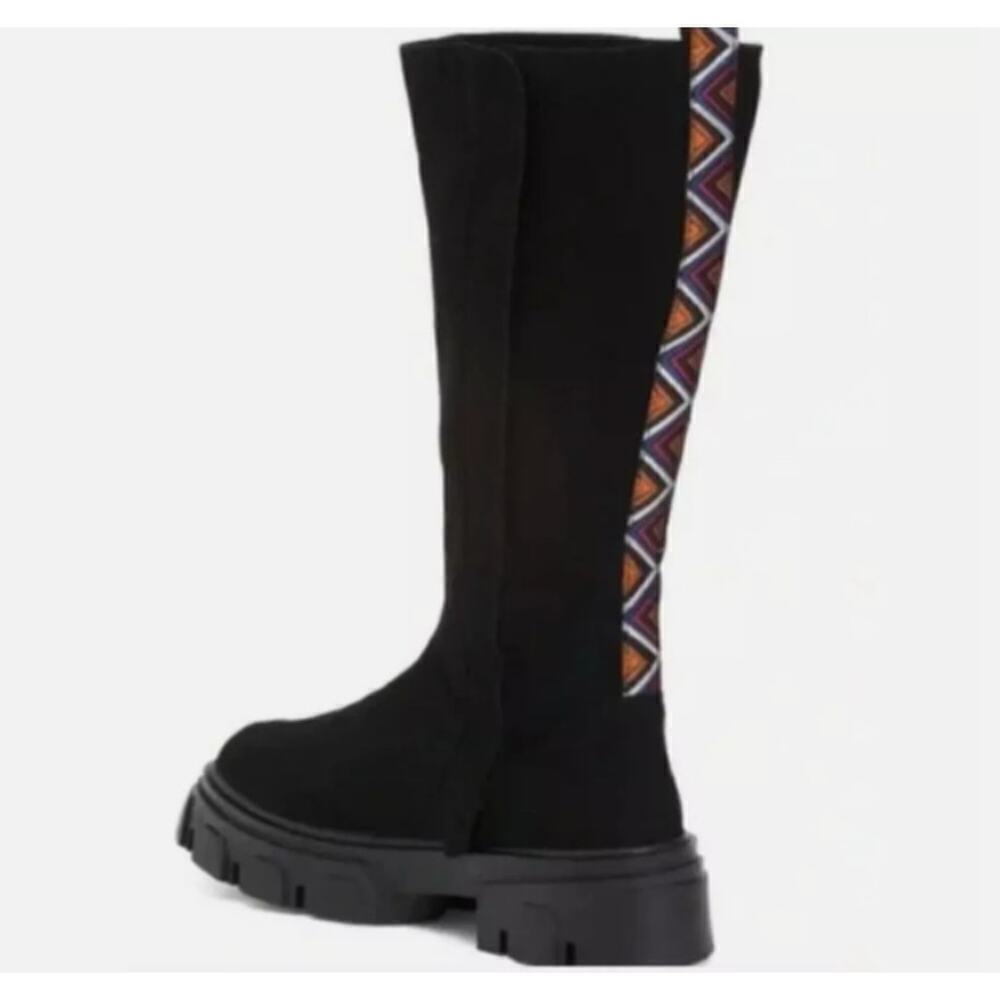 Farm Rio Black Long Suede Boots Vegan Aztec Embroidered Flatform Chunky US 8.5